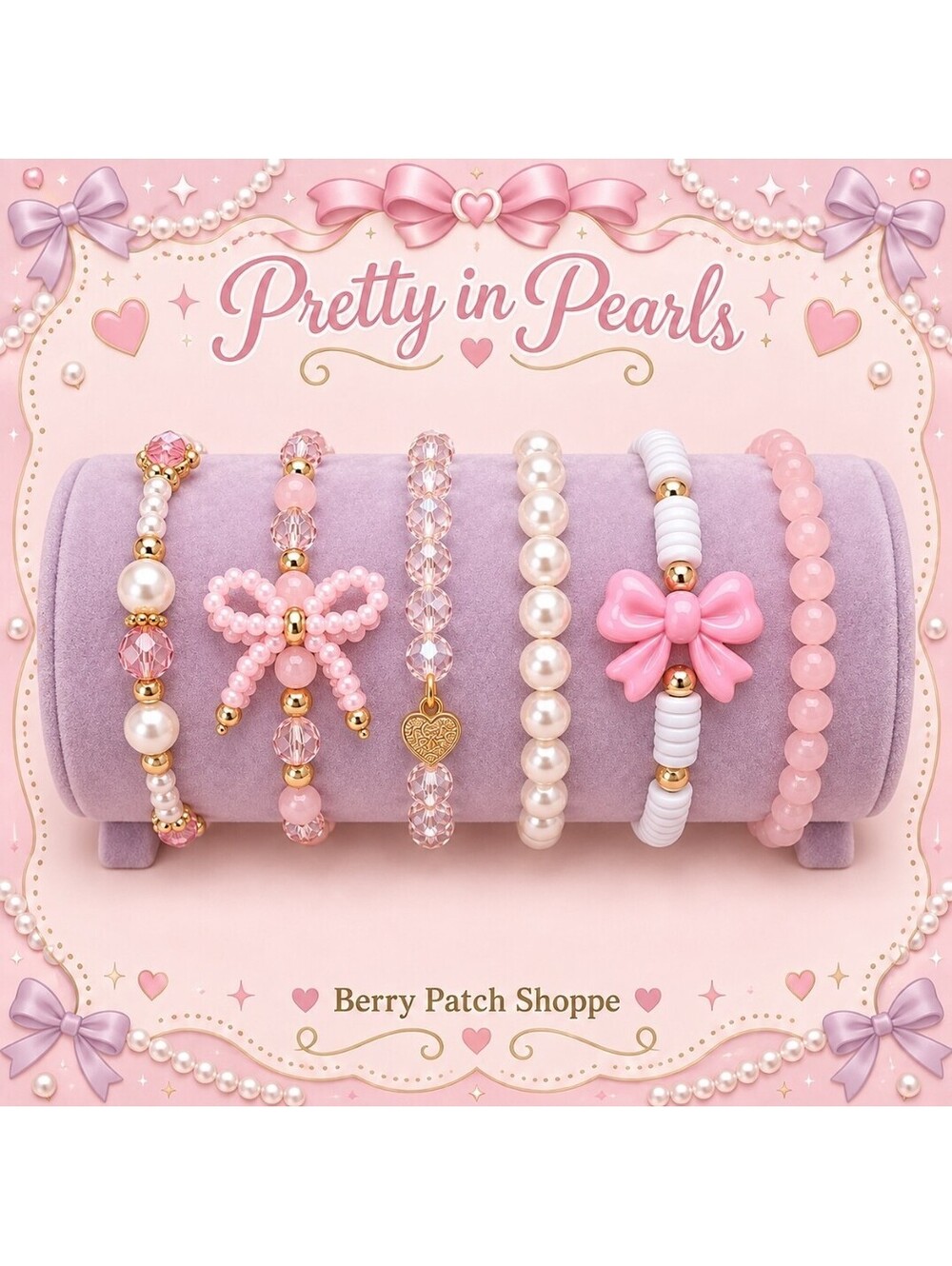 Coquette Valentine Lov Pink Bow Pearl Stackable Charm Bracelets